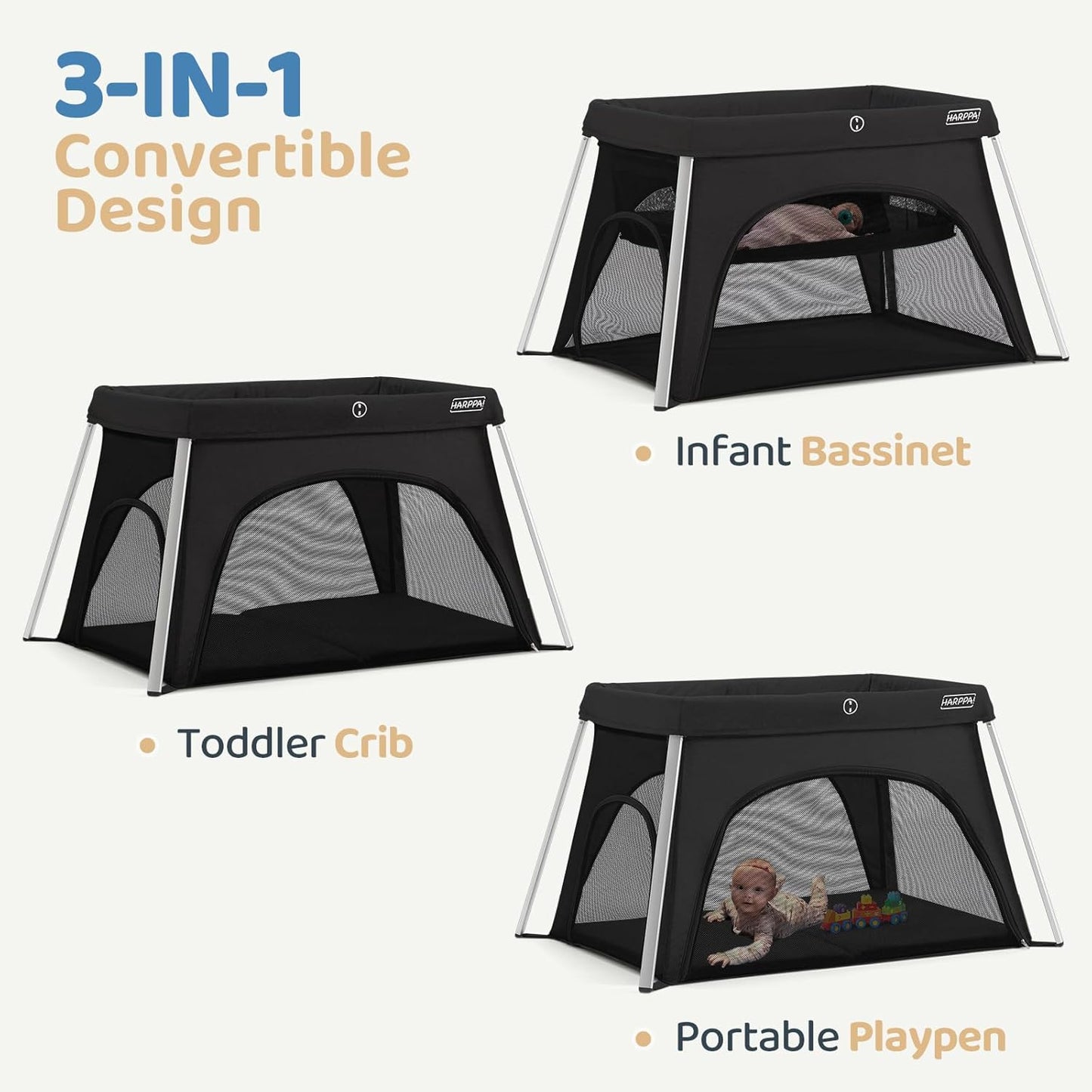 HARPPA Travel Crib with Comfy Mattress, Lightweight Portable Crib Requires No Assembly, Foldable Pack and Play for Baby and Toddlers, Compact Play Yard with Bed,Black