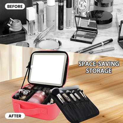 Travel Makeup Bag with LED Mirror and Light Makeup Travel Bag Organizer Portable Cosmetic Brush Organizer Bag with Adjustable Dividers for Cosmetics Makeup Brushes Toiletry (Light Red)