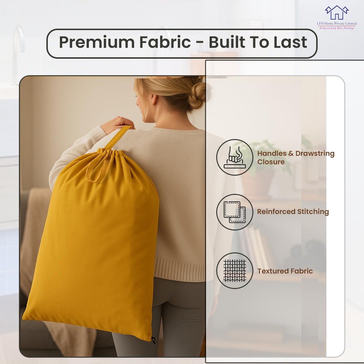 LFH Home Cotton Canvas Large Laundry Bag with Handle, Heavy Duty Drawstring Closure Washable Laundry Bags, School Travel, Home, Hotel, College Dorm, Organizer Sack, Toys Clothes 28x36-Yellow