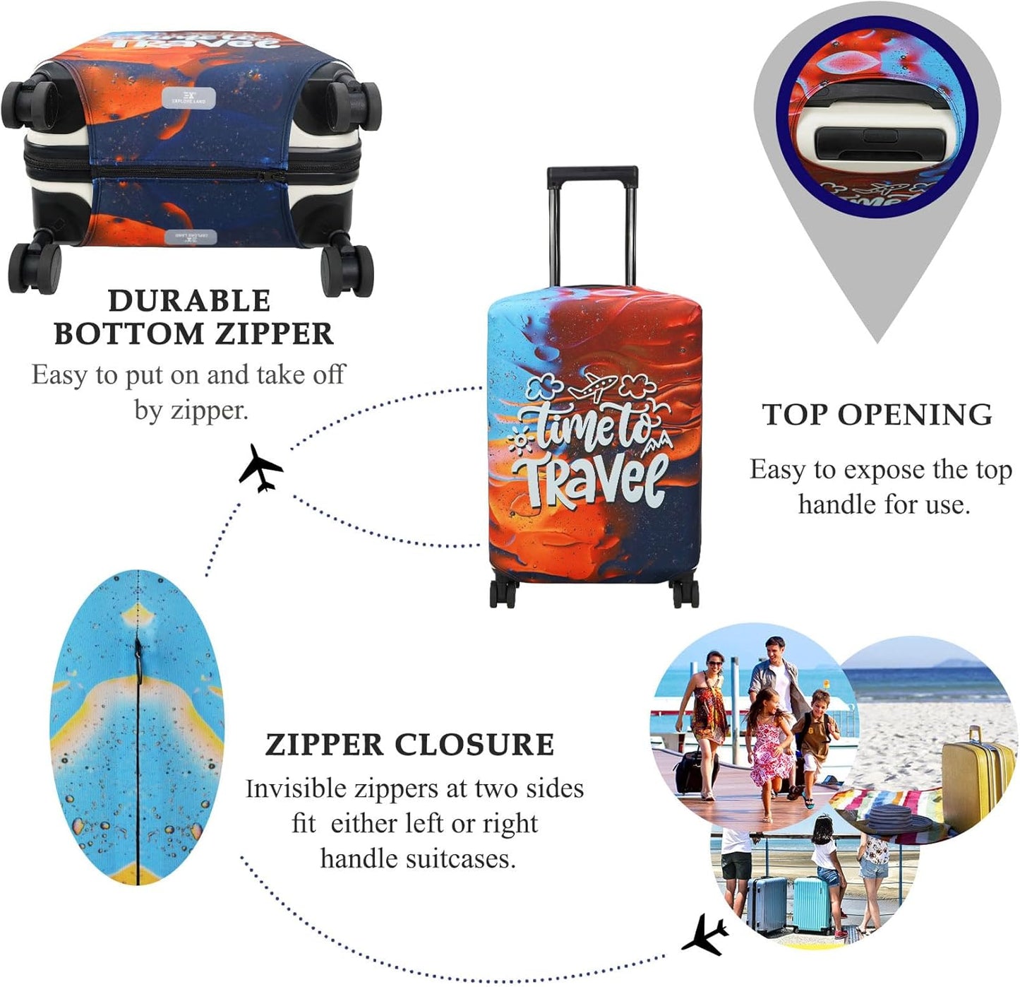 Explore Land Luggage Cover Suitcase Protector Fits 23-26 Inch Case (Time to Travel, M)