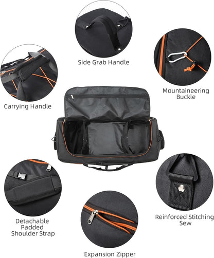 Rolling Duffle Bag with Wheels,110L/140L Expandable Soft-Sided Foldable Duffle Bag with 2 Rubber Wheels,Packable 32” Rolling Carry-On with Multi-Pockets & Compartments (Black Orange)
