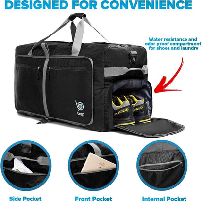 Bago Big XXL Foldable Duffel Bags for Traveling Women & Men - 140L Packable Duffle Bag for Travel with Shoe Compartment - Water Repellant, Heavy Duty, Lightweight Folding & Collapsible (Black)