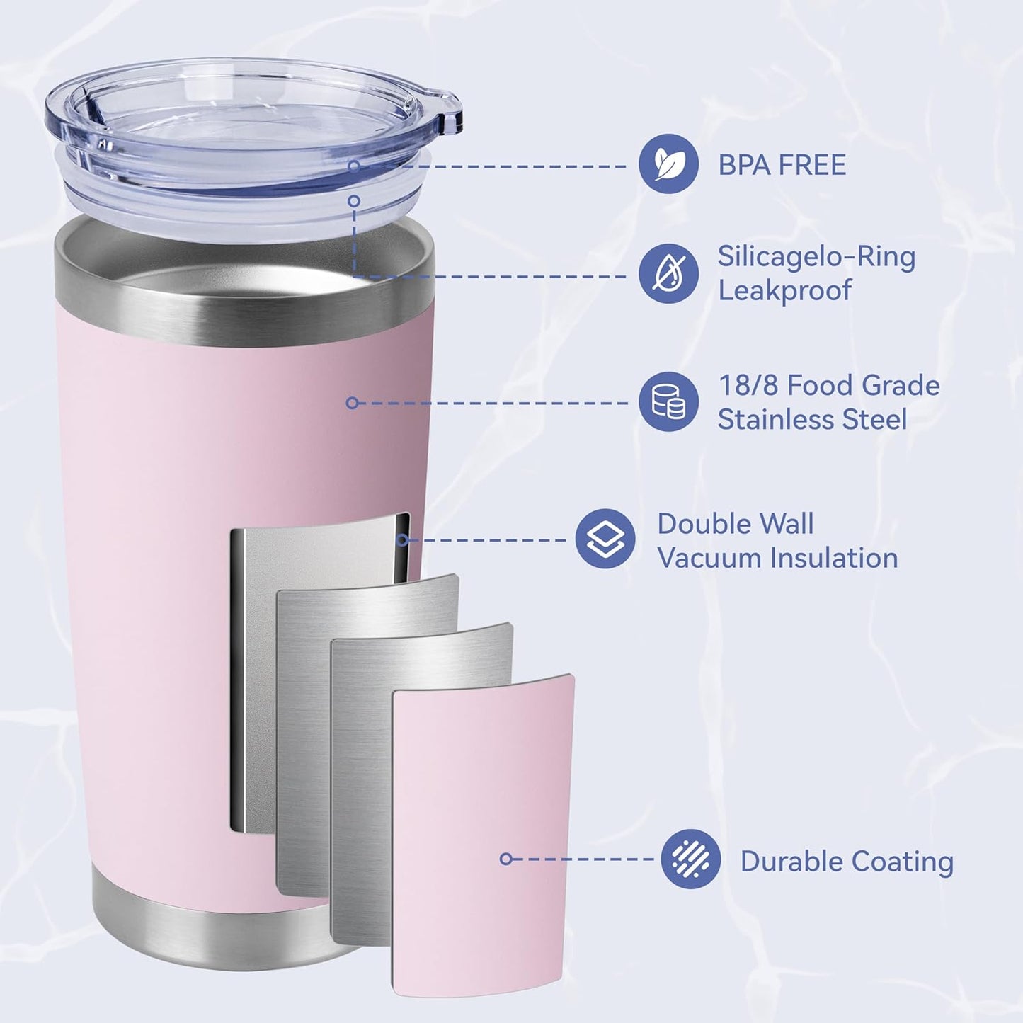 HASLE OUTFITTERS 20oz Stainless Steel Tumblers Bulk, Insulated Travel Cup with Lid, Double Wall Vacuum Coffee Mug for Cold & Hot Drinks 8 Pack, Light Pink
