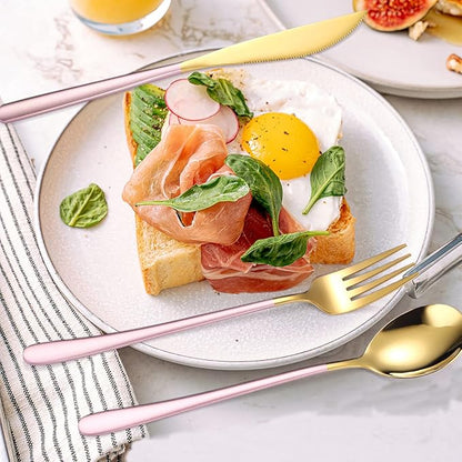 AARAINBOW 6 Pieces 18/8 Stainless Steel Flatware Set Portable Reusable Cutlery Set Travel Utensils Set Including Chopsticks Knife Fork Spoon Straws Cleaning Brush Dishwasher Safe (Pink golden)