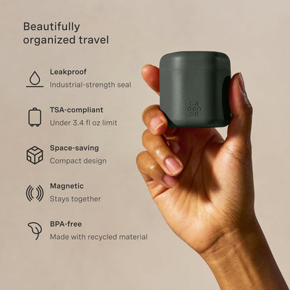 Cadence Travel Containers - Body Care Capsule Set - Magnetic Containers with Lids,Carry On Travel Essentials for Women/Men - 3 Flex Mediums (1.32oz) - Body Wash, Lotion & Sun Icon Labels - Charcoal