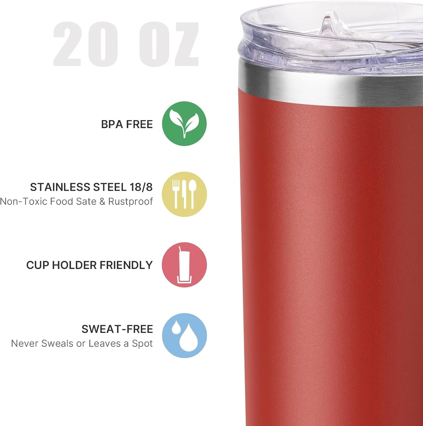 koodee Skinny Tumbler-20 oz Stainless Steel Iced Coffee Tumbler with Straw Vacuum Insulated Traver Coffee Mug with Lid (Canyon Red-Black)