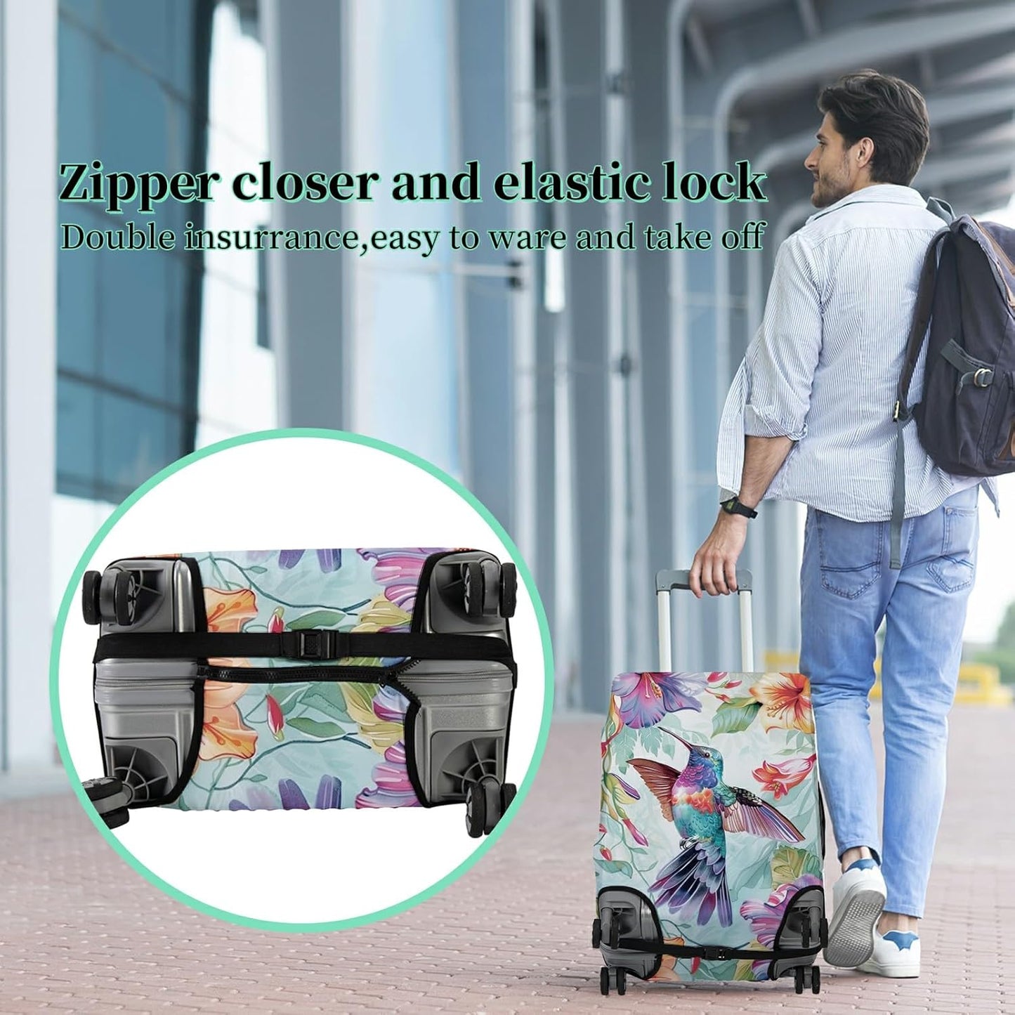 Luggage Cover Suitcase Protector + Tag, Hummingbirds Travel Cover for 22-24 inch Luggage (M), Concealed Zipper, Washable, Elastic, Dustproof, Anti-Scratch