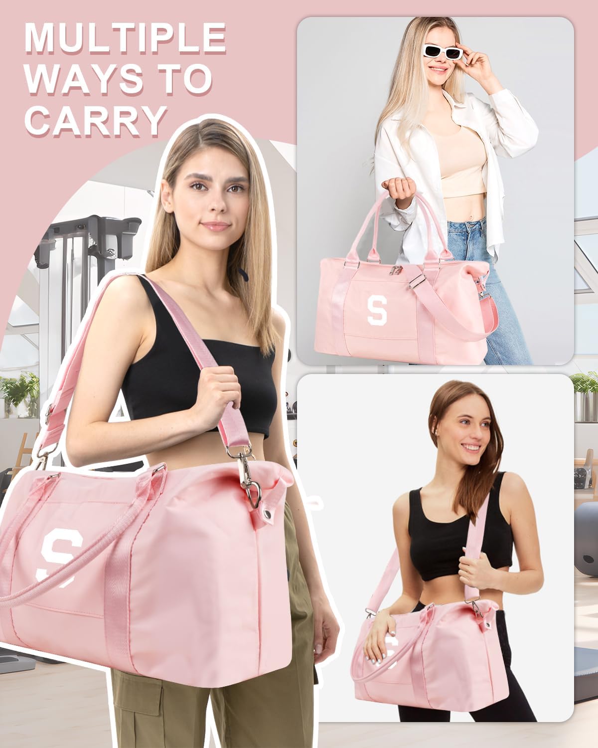 Initial Travel Duffel Bag Sports Gym Bag for Girls Teen Birthday Gifts,Pink Personalized Weekender Bag Carry On Tote Bags for Women Men,Waterproof Overnight Luggage Bag with Trolley Sleeve(Letter S)