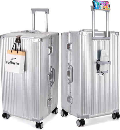 feilario 30in Super Large Captain Aluminum Frame Hardside Spinner Wheels Luggage, Zipperless Checked Suitcase with Cup Holder/Phone Holder