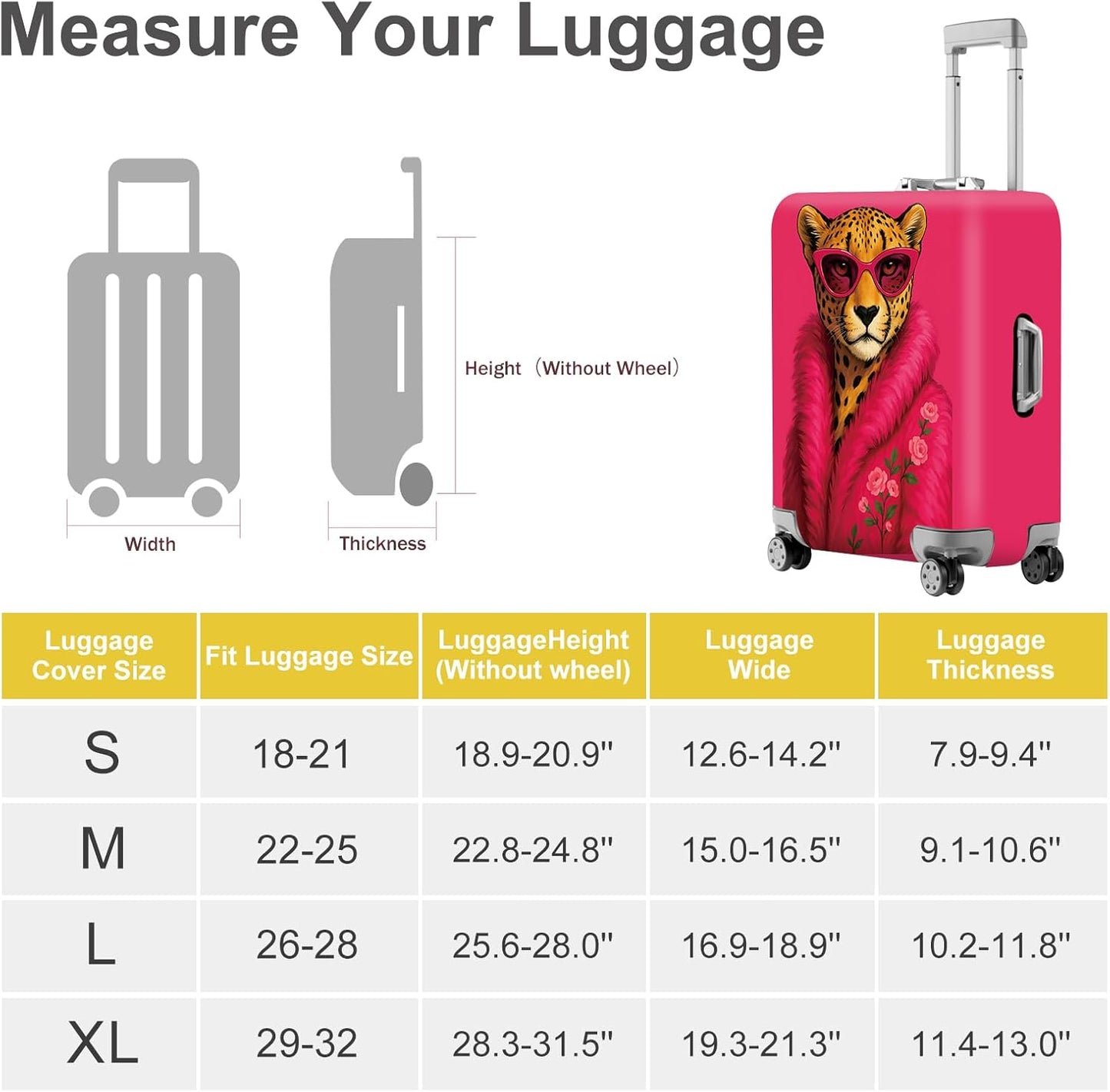 ANNA QUEEN Fashionable Leopard Luggage Cover, Leopard in Pink Coat and Sunglasses, Stretchable, Washable Travel Sleeve for 20-22 Inch Luggage