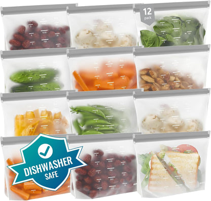 Dishwasher Safe Reusable Storage Bags Stand Up - BPA Free Reusable Sandwich Bags - Leakproof Gallon Freezer Bags, Silicone Food Storage Bags - Grey 12 Sandwich Bags