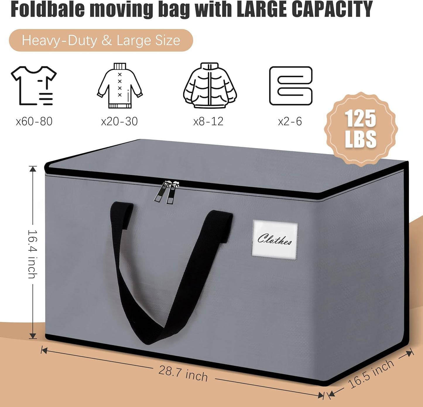 Heavy Duty Moving Bags - Extra Large Packing Bags and Storage Totes, Collapsible and Foldable Option for Moving and Storage, Grey, 125 L - 6 Pack