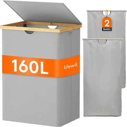 Lifewit 160L Double Laundry Hamper with Lid, Extra Large Bamboo Laundry Basket Dirty Clothes Hamper, 2 Section Laundry Bin Organizer for Laundry Room Bedroom with 2 Removable Liners & Bags,Silver Grey