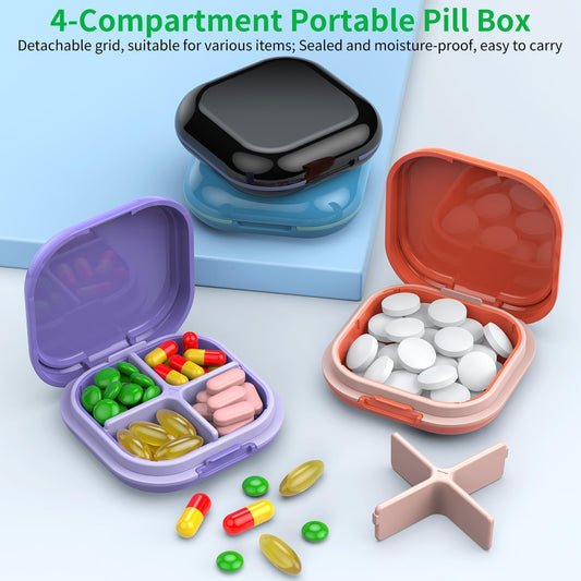 Daily Pill Organizer 4 Compartments, Small Pill Box Portable Travel Pill Case, Mini Pill Container for Purse Pocket, Compact Travel Medicine Organizer for Vitamin, Cod Liver Oil, Supplement (Blue)