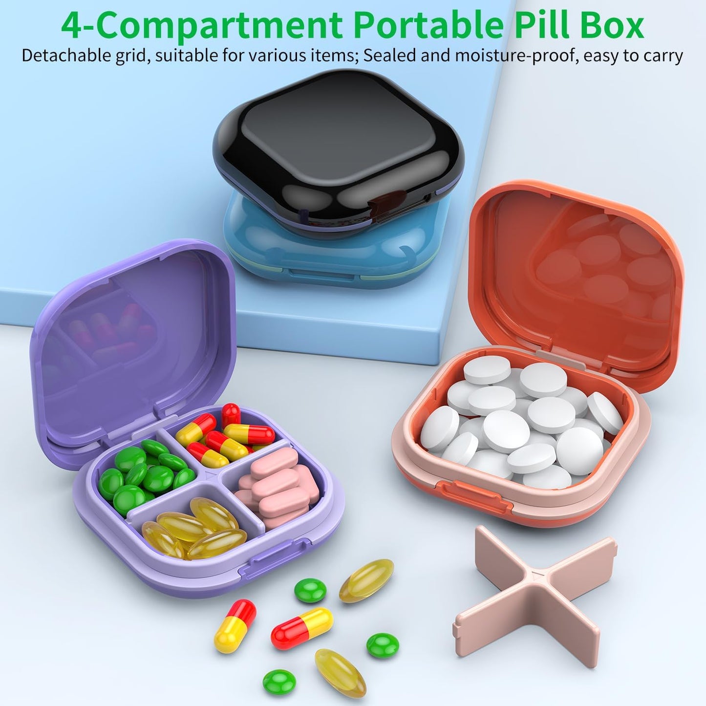 Daily Pill Organizer 4 Compartments, Small Pill Box Portable Travel Pill Case, Mini Pill Container for Purse Pocket, Compact Travel Medicine Organizer for Vitamin, Cod Liver Oil, Supplement (Pink)