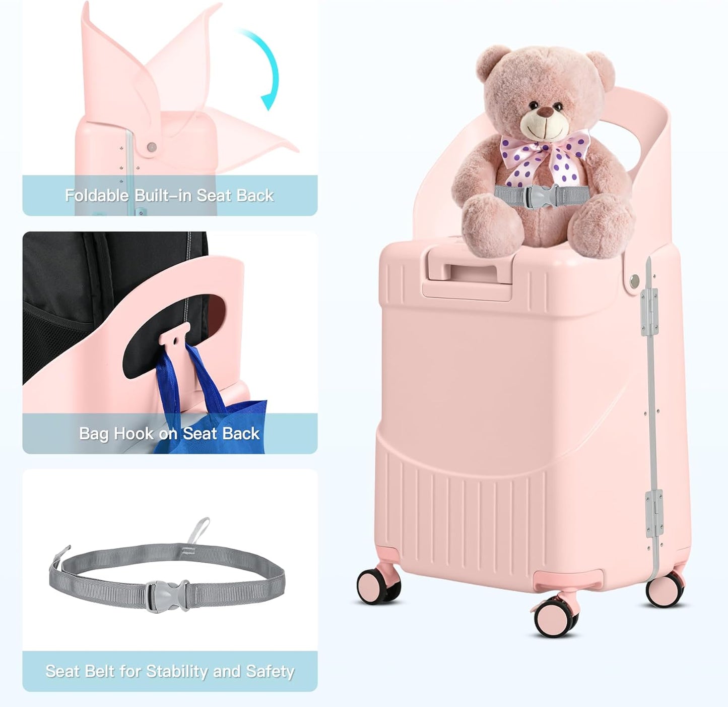 20" Carry-On Luggage with Seat for Kids & Adults, Lightweight Hardside Ride-On Suitcase with Front Opening, TSA Lock, 360° Spinner Wheels (Pink, 20-inch)