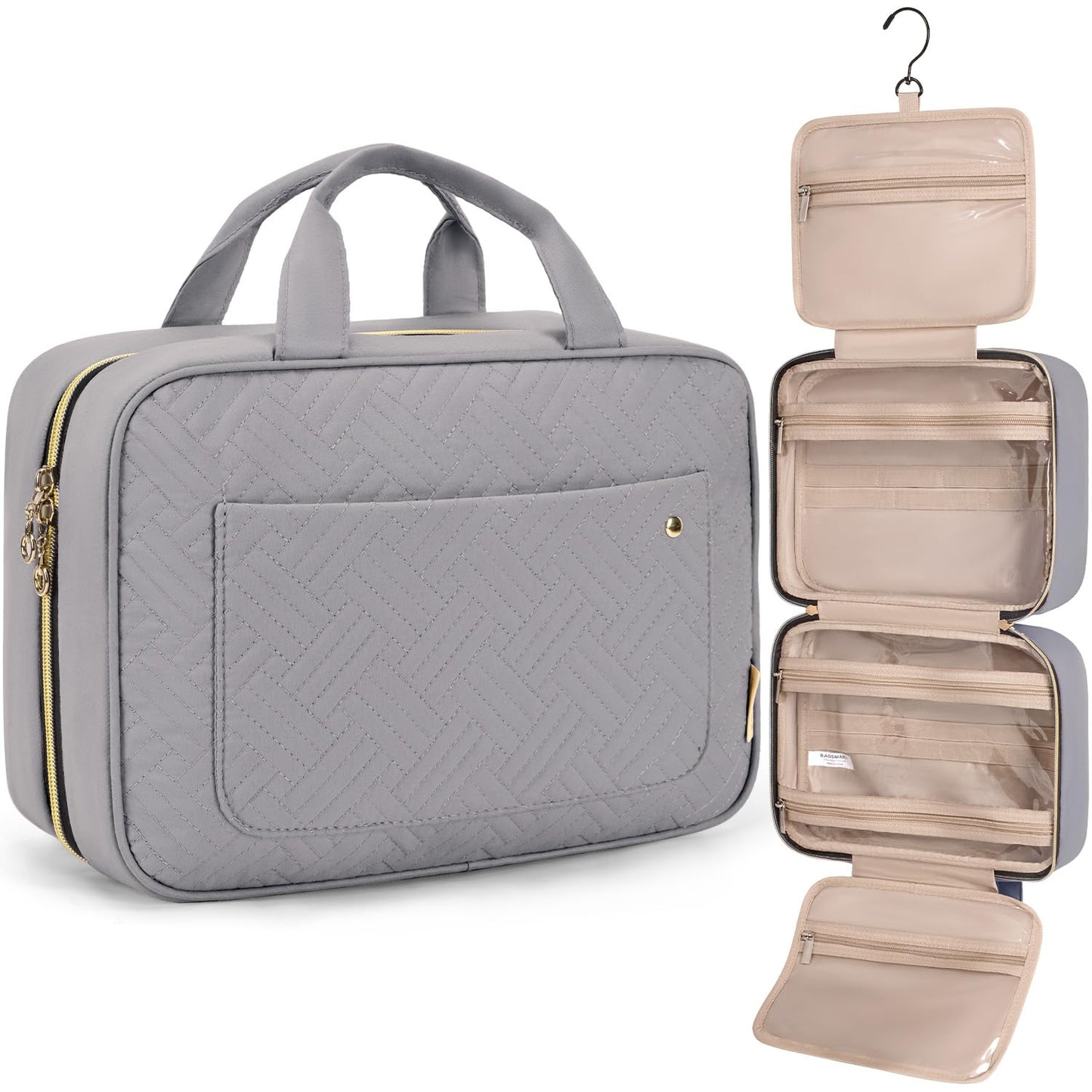 BAGSMART Toiletry Bag Travel Bag with Hanging Hook, Water-resistant Makeup Cosmetic Bag Travel Organizer for Accessories, Shampoo, Full Sized Container, Toiletries Grey, Large