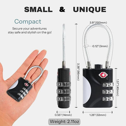 TSA Approved Luggage Locks - Small Combo Travel Padlock with Cable, TSA 007 Suitcase & Backpack Security, Durable & Easy to Use (Black+Black)