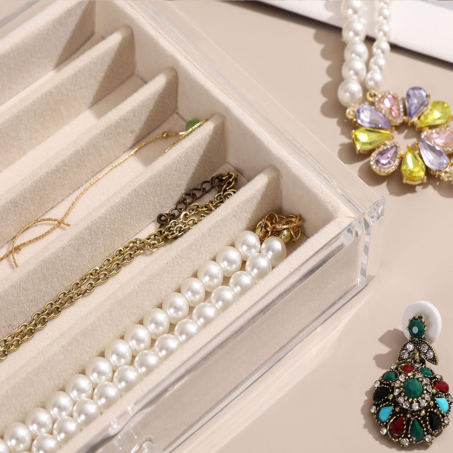 5 Drawers Necklace Organizer Storage, Tray with Clear Lid, Dustproof Velvet Necklaces Holder Storage Display Case, Necklace Tray Drawer Insert for Pendant Suitable for Women and Girls (25 grids)