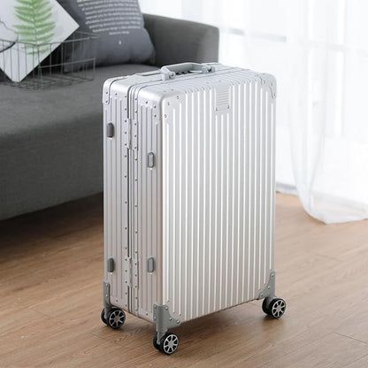 Metal All Aluminum Carry-on Luggage TSA Customs Lock Zipperless Silent Rotary Wheel Business Suitcase Aluminum Frame Set (silvery, 28 '')