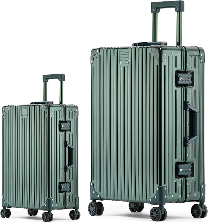 Metal All Aluminum Carry-on Luggage TSA Customs Lock Zipperless Silent Rotary Wheel Business Suitcase Aluminum Frame Set (dark green, 2Piece(20/28))