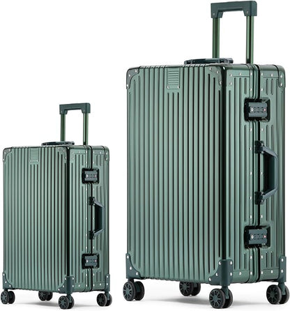Metal All Aluminum Carry-on Luggage TSA Customs Lock Zipperless Silent Rotary Wheel Business Suitcase Aluminum Frame Set (dark green, 2Piece(20/28))
