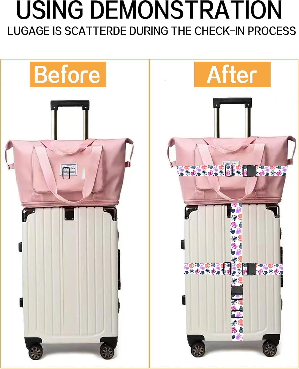 Luggage Straps for Suitcases, Adjustable Travel Belt, Durable Wide Luggage Strap, Cute Suitcase Strap Identifiers with Buckle, Bag Straps for Luggage, Cute Colorful Paws