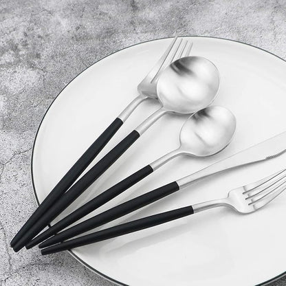 Gugrida Black Handle Matte Silver Silverware Set - 5-Piece 18/10 Stainless Steel Satin Finish Flatware, Kitchen Utensils, Tableware Travel Cutlery for Camping Office Lunch - Dishwasher Safe