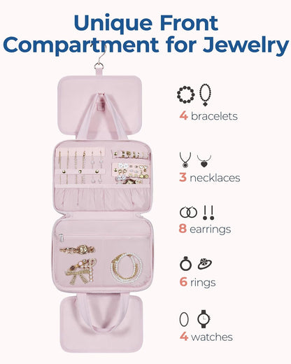 BAGSMART Travel Toiletry Bag with Jewelry Organizer, Hanging Travel Bag for Toiletries, Puffy Makeup Cosmetic Bag Organizer, Carry-on Travel Accessories Essentials, Pink-M