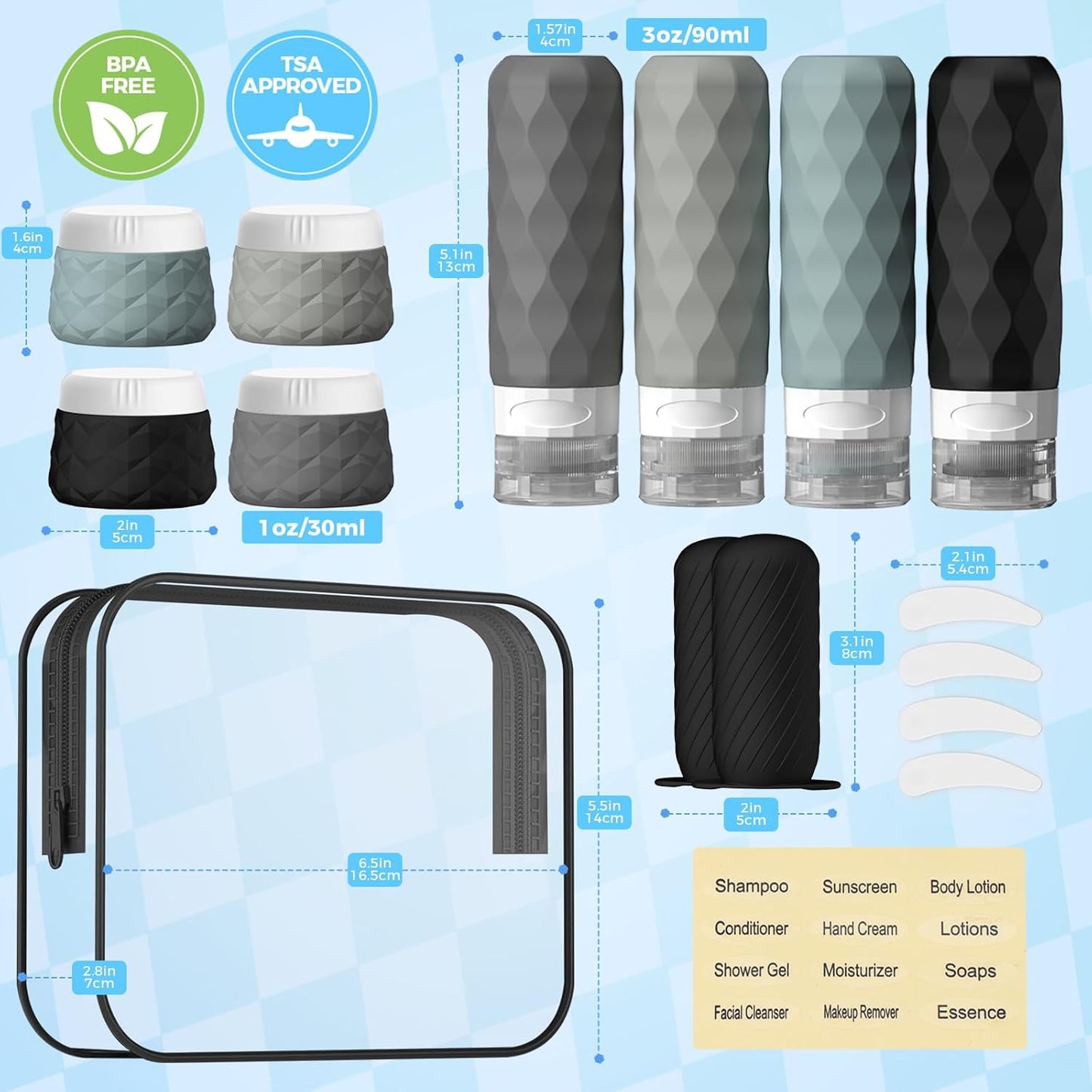 16Pack Travel Bottles for Toiletries, TSA Approved Travel Size Toiletries Containers Set, Silicone Leak Proof Refillable Bottles Elastic Sleeves Creams Jars Accessories Kit W/Clear Bag (Gray)