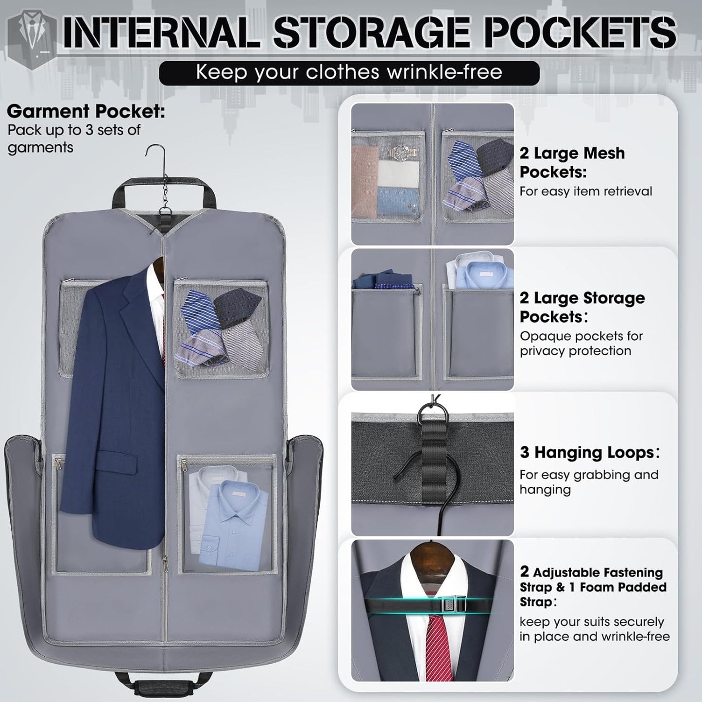 RAINSMORE Garment Bags for Travel Carry On Garment Bag for Hanging Clothes, Suit Bag for Business Trips with Shoes bag & Shoulder Strap, Waterproof Foldable Suit Luggage Bag for Men Women, Gray