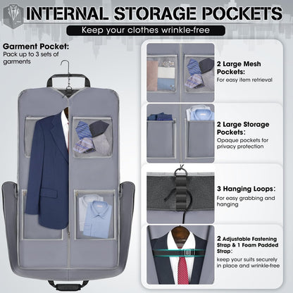 RAINSMORE Garment Bags for Travel Carry On Garment Bag for Hanging Clothes, Suit Bag for Business Trips with Shoes bag & Shoulder Strap, Waterproof Foldable Suit Luggage Bag for Men Women, Gray