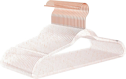MIZGI Premium Clear Invisible Acrylic Hangers,Crystal Plastic Hangers with Bling Rose Gold Glitter 50 Pack Ultra Slim & Space Saving Suit Hangers for Coats, Pants & Dress Clothes