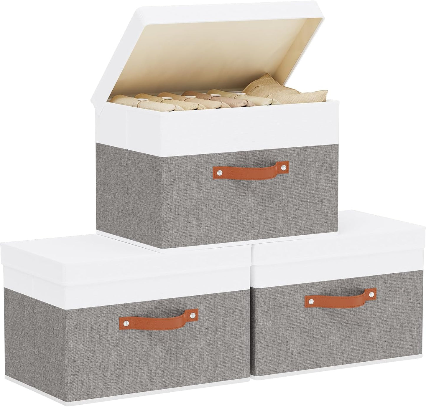 Fabric Storage Boxes with Lids, Linen Foldable Cloth Baskets, 17.7 x 11.8 x 11.8 Inch Closet Organizer Containers with Double Handles, Sweater Bins for Bedroom, White and Grey, 3 Pack
