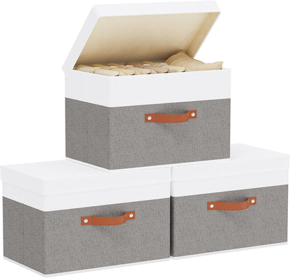 Fabric Storage Boxes with Lids, Linen Foldable Cloth Baskets, 17.7 x 11.8 x 11.8 Inch Closet Organizer Containers with Double Handles, Sweater Bins for Bedroom, White and Grey, 3 Pack