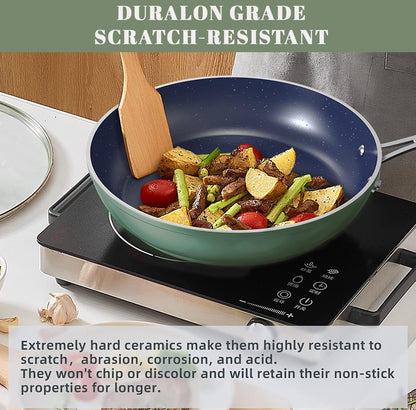 Nuwave 7pc Cookware Set Healthy Duralon Blue Ceramic Nonstick Coated, Diamond Infused Scratch-Resistant, PFAS Free, Oven Safe, Induction Ready & Evenly Heats, Tempered Glass Lids & Stay-Cool Handle