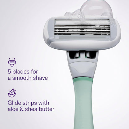 FLAMINGO 5-Blade Razors for Women - 1 Razor Handle + 1oz Foaming Shave Gel + 1 Shower Holder - Sage (Pack of 2)