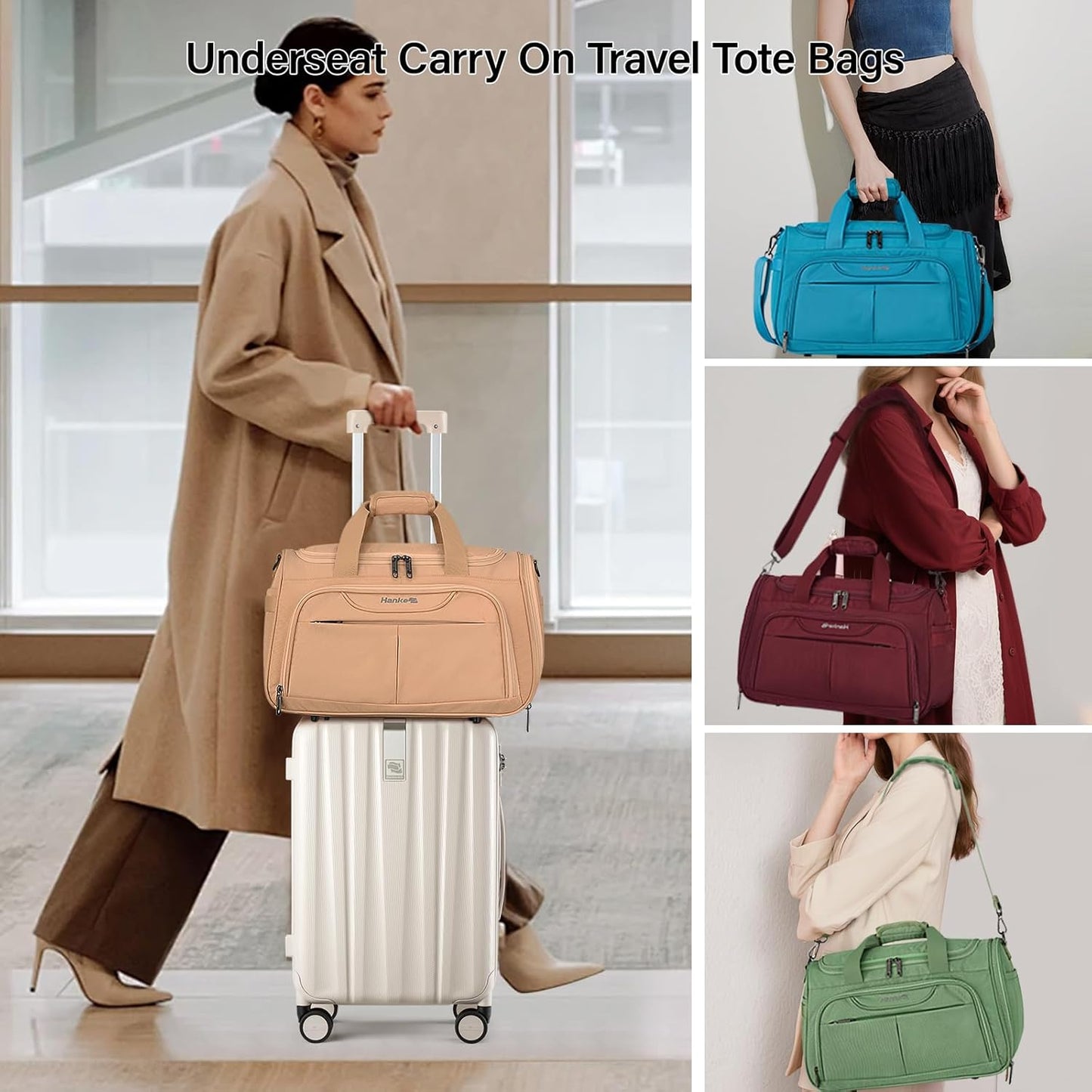 Hanke Underseat Carry On luggage Bags for Travel, Foldable Travel Bags for Women, Soft Lightweight Personal Item Travel Bag Small Carry On Bags for Airplanes, Travel Tote Bags for Women Men.（Burgundy）