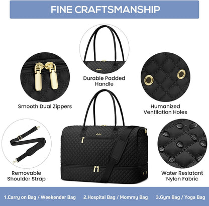 Travel Weekender Duffle Bag for Women - Overnight Bag with Shoe Compartment Carry on Bag with Toiletry Bag Gym Duffel Bag with Wet Pocket Hospital Bags for Labor and Delivery 3 Pcs Set Black