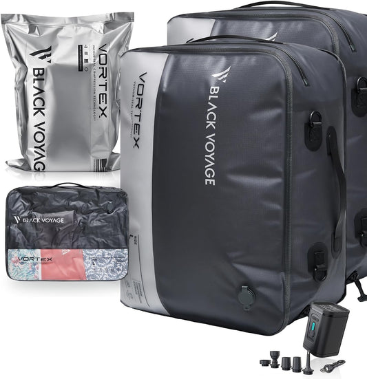 Black Voyage Reusable Vacuum Compression Travel Bag for Carry-On Suitcase and Backpack, Recycled IP67 Waterproof Space Saver Vacpack (2-Pack, 41L - Pump Included)