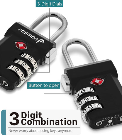 Fosmon TSA Accepted Luggage Locks, (4 Pack) Open Alert Indicator 3 Digit Combination Padlock Codes with Alloy Body and Release Button for Travel Bag, Suit Case & Luggage - Black