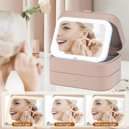 Travel Jewelry Case with LED Lighted Mirror, Personalized Birthday Gifts for Women Girls Kids, 2-Layer Portable Travel Jewelry Organizer, Travel Essentials (Autumn Apricot)