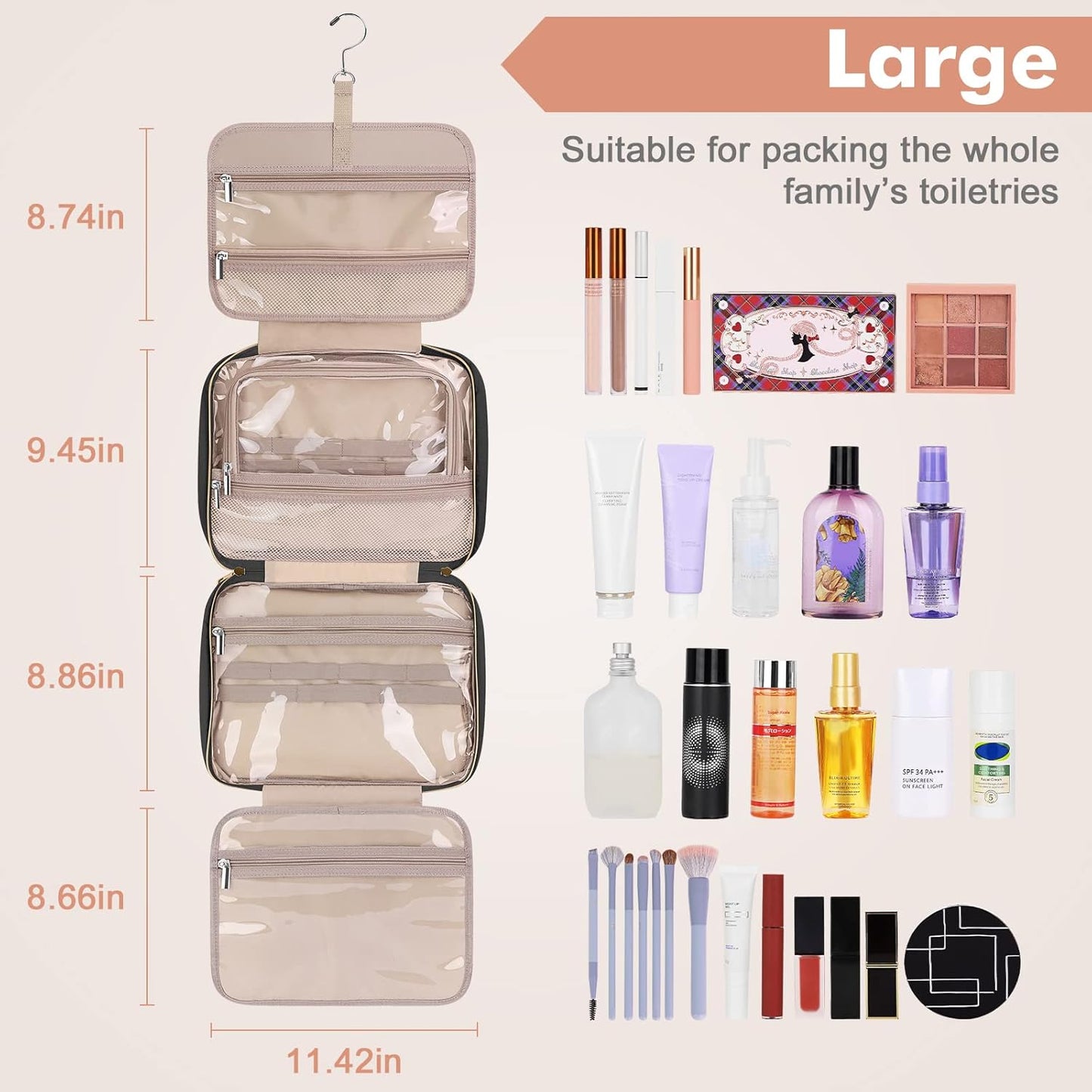 Wedama Toiletry Bag for Women, Large Cosmetic Travel Bag, Hanging Toiletry Bag for Bathroom, Thickened PVC Waterproof Makeup Bag, Toiletries Bag for Travel Business Trips and Camping, Black