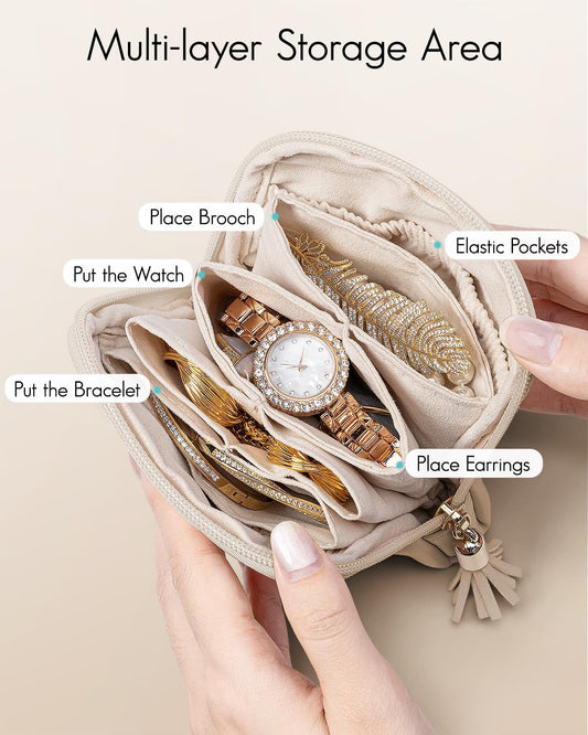 Vlando Small Jewelry Travel Case,Jewelry Pouch Bags with Zipper,Velvet Jewelry Organizer Storage Bag for Bracelet Rings Earring Travel Essentials Gifts for Women Girl-Toffee