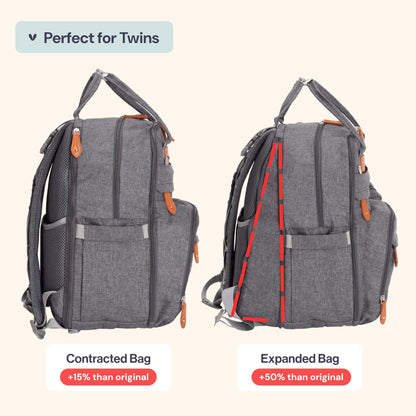 BabbleRoo Extra Large Diaper Bag Backpack, Expandable Baby Bag with Up to 50% More Capacity - Travel Essentials Baby Bag Tote with Changing Pad, Stroller Straps & Pacifier Case - Unisex, Dark Gray