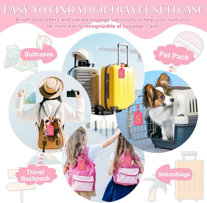 Personalized Initial Luggage Tags for Suitcase, Rose Red Leather Cute Luggage Tags with Privacy Cover Name Card, Embroidered Custom Monogram Luggage Tags Travel Backpack Tag Gifts for Women Kids(S)