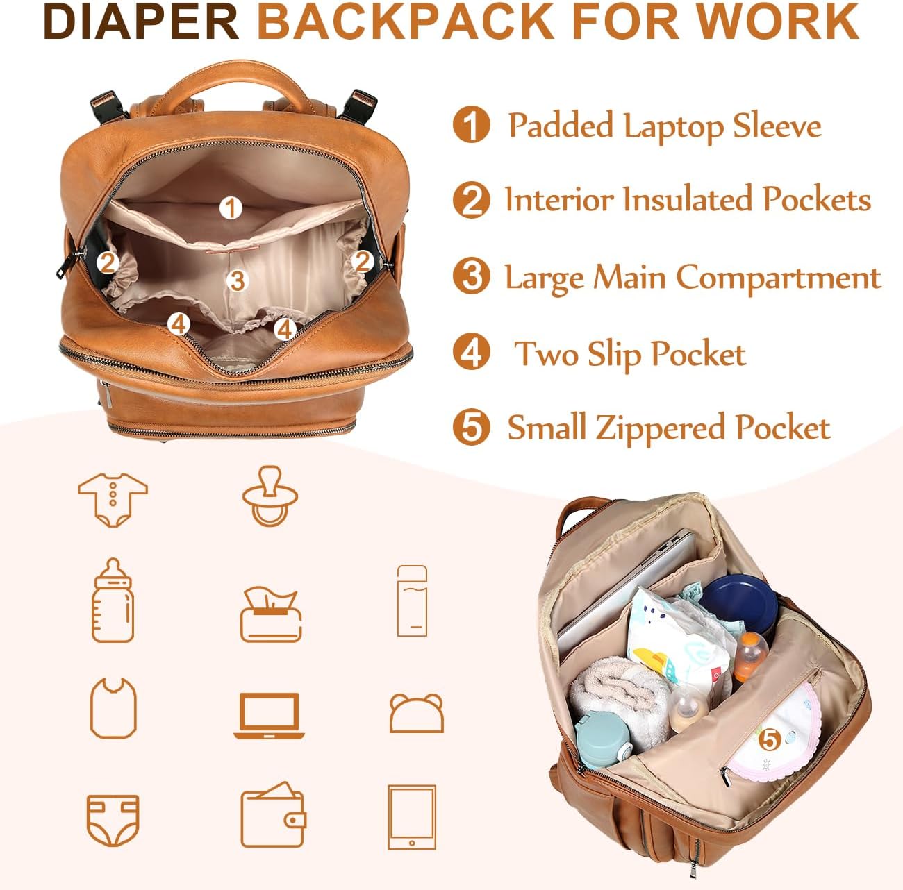 VASCHY Diaper Bag Backpack for Mum Dad, Unisex Large Waterproof Vegan Leather Baby Bag with Changing Pad,Insulated Pockets,Padded Laptop Sleeve for Travel,Brown