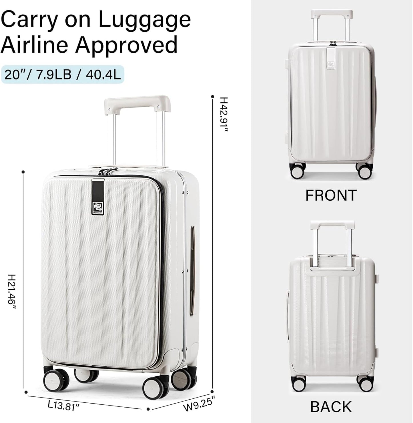 Hanke 20 Inch Carry On Luggage Hard Shell Suitcases with Wheels Luggage Suitcase Travel Luggage for Women Men Rolling Luggage Bags for Business Trip Weekender-Ivory white
