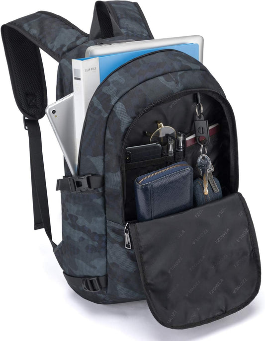 Tzowla Business Laptop Backpack Water Resistant Anti-Theft Backpack with USB Charging Port and Lock 15.6 Inch Computer Backpacks for Women Men, Casual Hiking Travel Daypack (Navy Blue Camo)