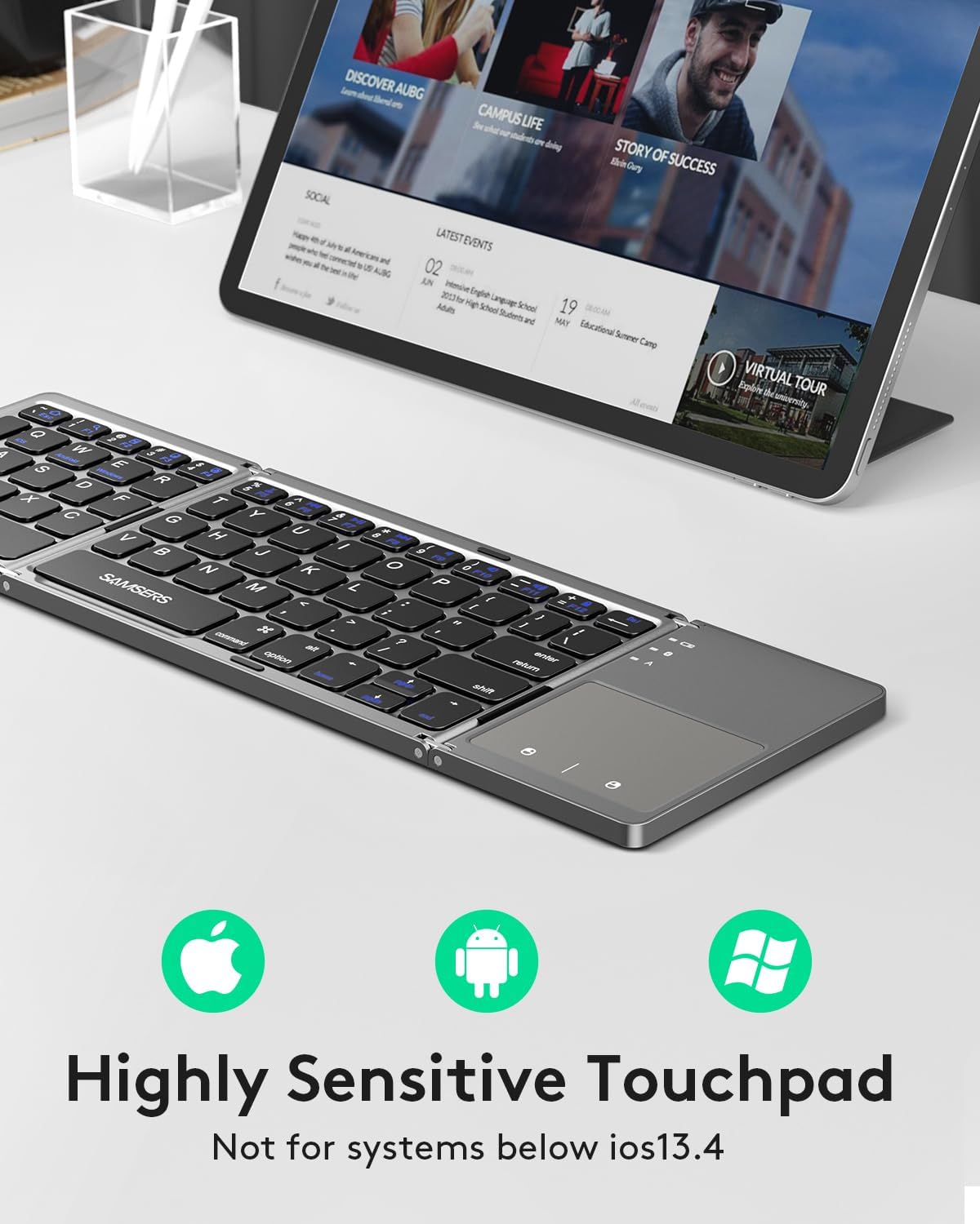 Samsers Foldable Bluetooth Keyboard with Touchpad, Portable Wireless Keyboard with Stand Holder, Rechargeable Full Size Ultra Slim Pocket Folding Keyboards for Android Windows IOS Tablet & Laptop-Gray